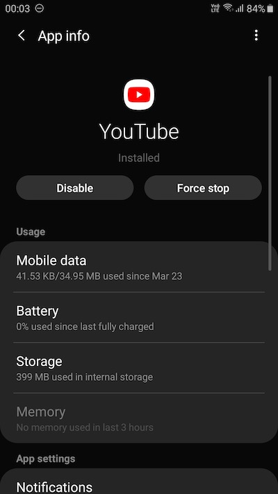 Clear Cache and Data on YouTube App
