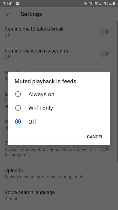 YouTube iOS or Android App Muted Playback in Feeds Settings