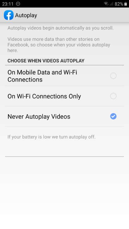 Disable Autoplaying Videos on Facebook via Facebook Android
